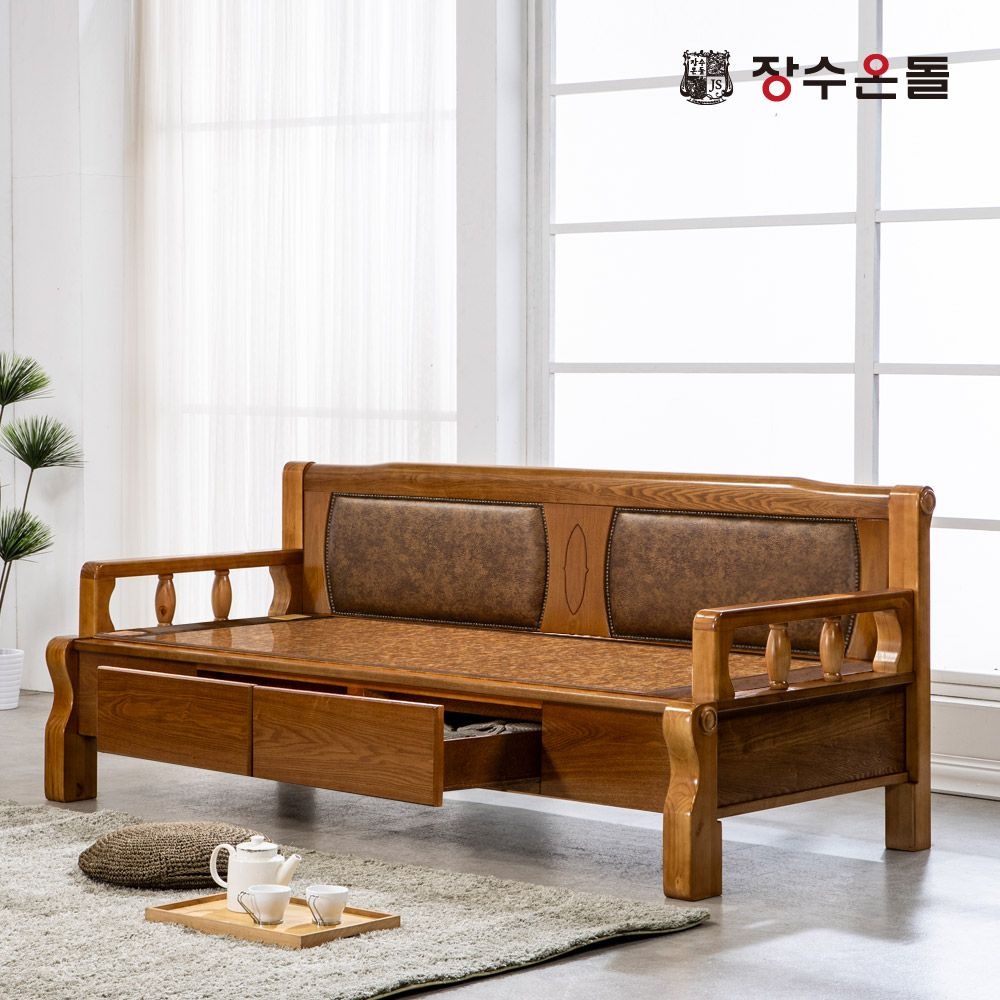 장수돌침대 온재서랍 가죽형 돌소파 MS (홍맥반석)_이미지