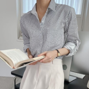 옷자락 여자 단가라 줄무늬 코튼셔츠 출근룩 셔츠 사이즈FREE WSH5775_곤색