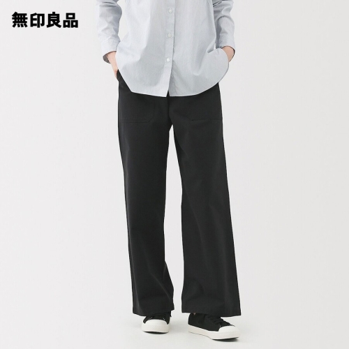 MUJI 여성 여자 세탁소 헤링본 베이커 스트레이트 팬츠 84967122 바지 블랙