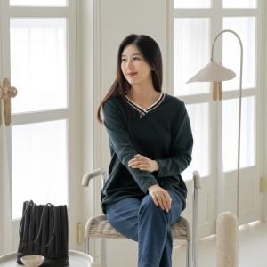 마담4060 엄마옷 티셔츠봄오브리V넥배색-ZTE2402072