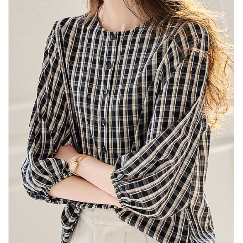 기타 패션시그널 /체크스트라이프 라운드넥 블라우스 FC2B0D