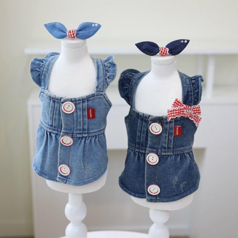 꼴레트멍멍 핀턱 프릴 데님 강아지티셔츠