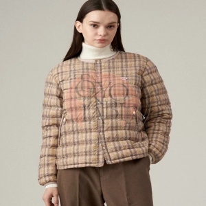 단톤 여성 경량 체크 패딩 노카라 이너 점퍼 자켓 베이지 브라운 블랙 일본 DT-A0001NNP