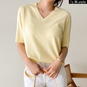 H스타일 WC4040V넥반팔티 봄 여름 니트티 스웨터 베스트 가디건 라운드 브이넥