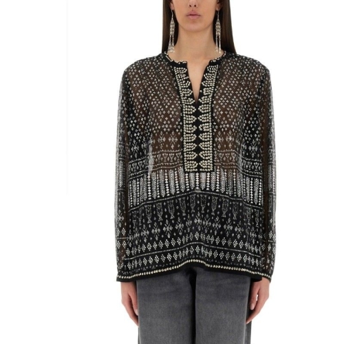 이자벨마랑 블랙 화이트 패턴 시어 브이넥 루즈 핏 장식 트림 탑 HT0584FA C1K0