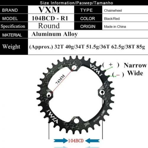 바이시클 크랭크암 VXM-104BCD 산악 크랭크 체인 링 라운드 30T52T 좁은 와이드 휠 스타 링 MTB 라이트 104 BCD..