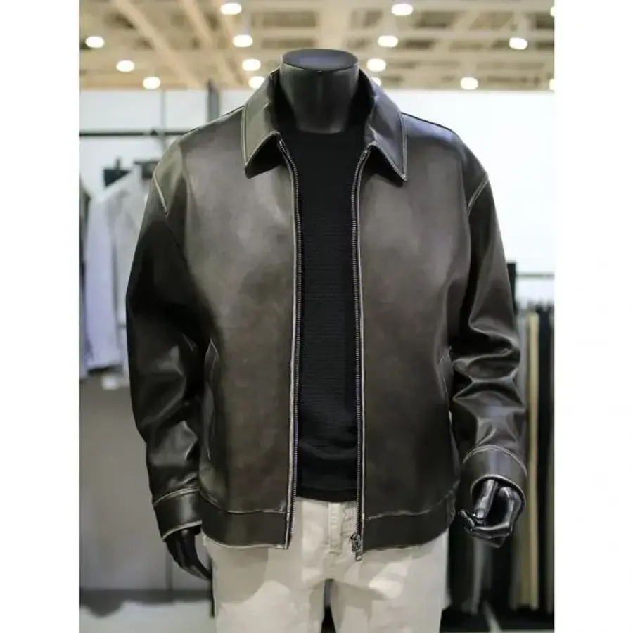 바쏘옴므 빈티지 워싱 램스킨 레더 집업 카라 세미오버 퍼 25WS3UA17A25_이미지