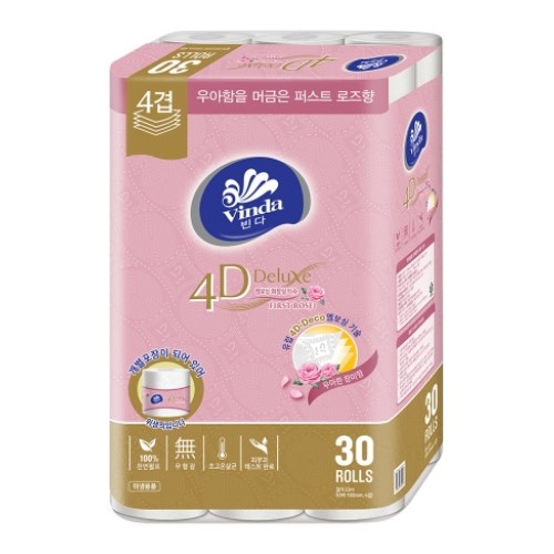  빈다코리아 4D Deluxe 엠보싱 화장실 티슈 퍼스트 로즈 23m (30롤) [2팩]