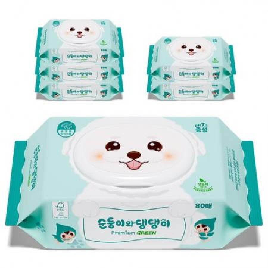 우수컨버팅 순둥이 순둥이와 댕댕이 프리미엄 그린 물티슈 캡형 80매 (12개)_이미지