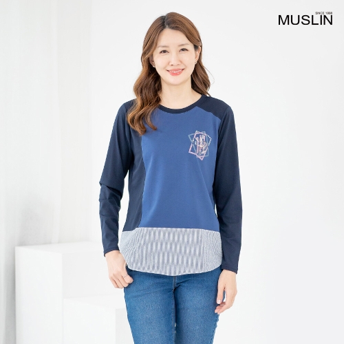 모슬린 엄마옷 티셔츠 라운드 긴팔 배색 TS603170 중년여성/50대/60대/70대/빅사이즈/할머니옷