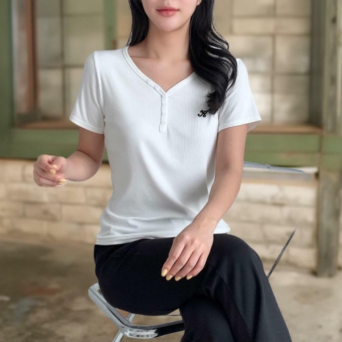 CCT9280여성 브이넥 단추 자수 반팔 티셔츠 무지컬러_이미지