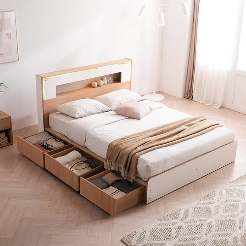 쉐우드가구 엘리오 자작나무 HPM 평상형 수납 LED침대 SS (매트별도)