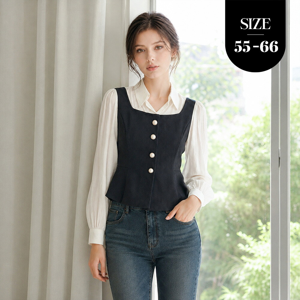 커스텀에이블 진주버튼 페플럼 레이어드 블라우스_T2609BL146C_이미지
