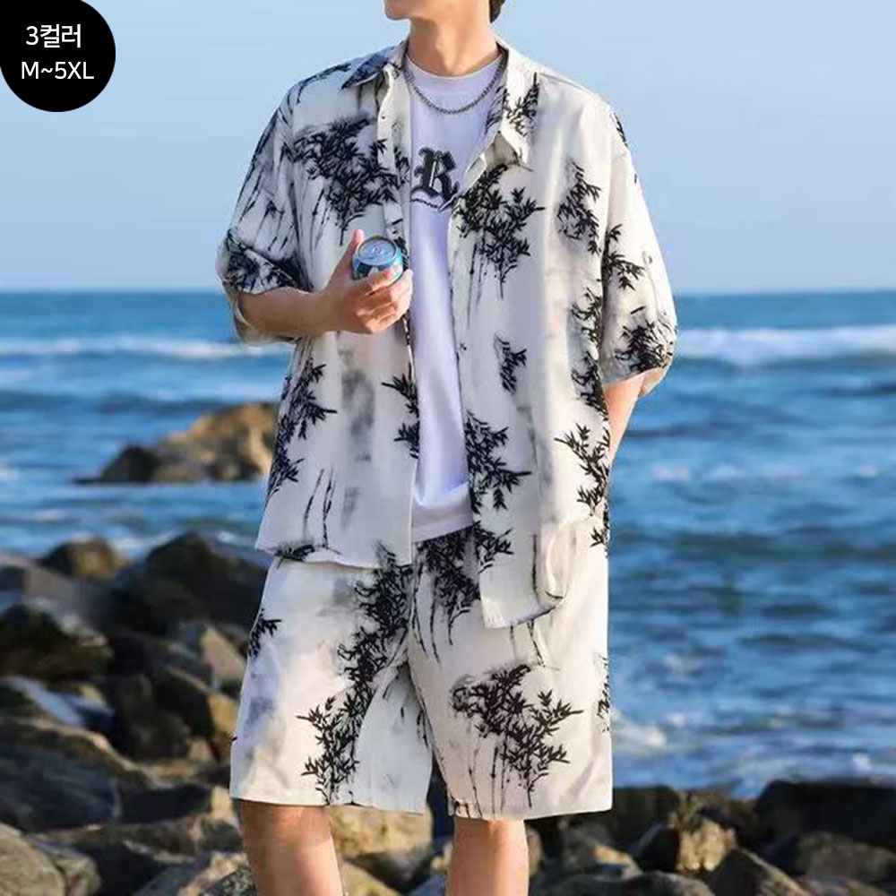 FANSYLI 남자 여름 비치웨어 셋업 투피스 남성용 오버핏 바캉스룩 반팔셔츠 남방 카고 반바지 투피스 패션 트레이닝 2종 세트 2603JLL6171 세트1 M