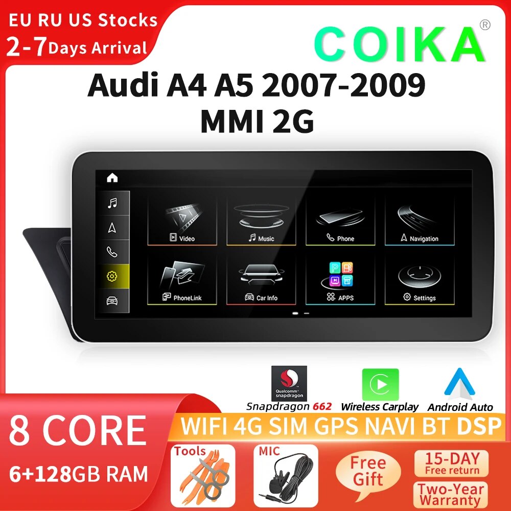 8 코어 안드로이드 12 시스템 자동차 라디오 A4 A5 2007-2009 MMI 2G WIFI SIM BT 카플레이 DS..