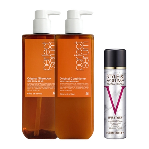 퍼펙트 오리지널 세럼 샴푸 680ml+컨디셔너 680ml+더마클라센 스타일앤 볼륨짱짱 헤어 스타일러 120ml 3종세트