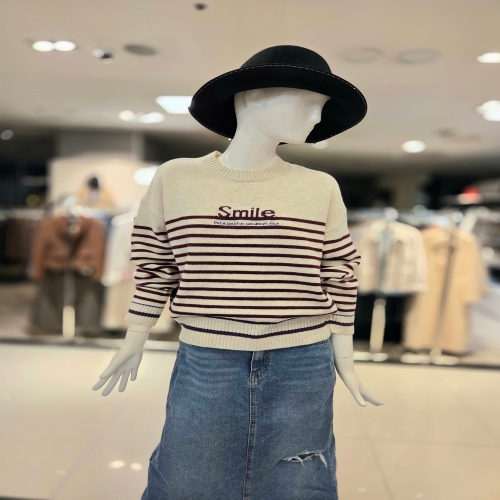 올리브데올리브 라운드넥 스트라이프 배색니트 K5WP450_이미지