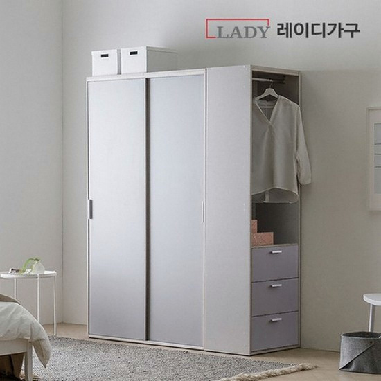 레이디가구 이안 빅 슬라이딩 3단서랍사이드장+선반형 옷장 1600