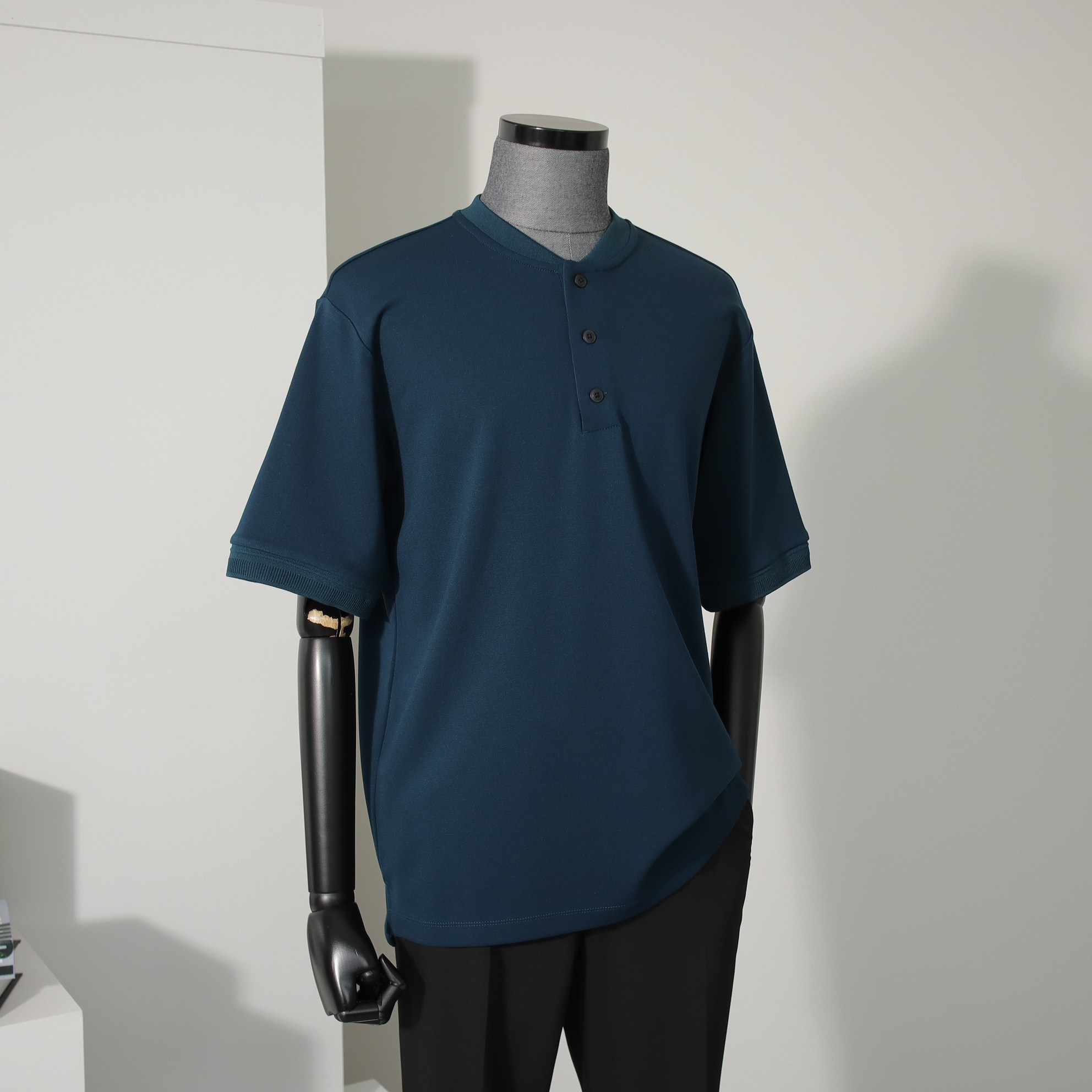 LLM41595GR LOOSE-FIT T-SHIRT 베이직 헨리넥 반팔 티셔츠 블루그린 100