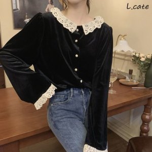 엘케이트 여성 벨벳 블라우스 LYT093 여자 레이스 긴팔_이미지