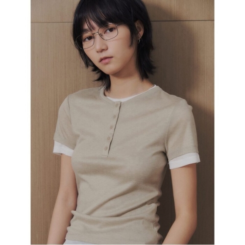 반소매 레이어드 헨리넥 티셔츠 베이지 356242WM4A