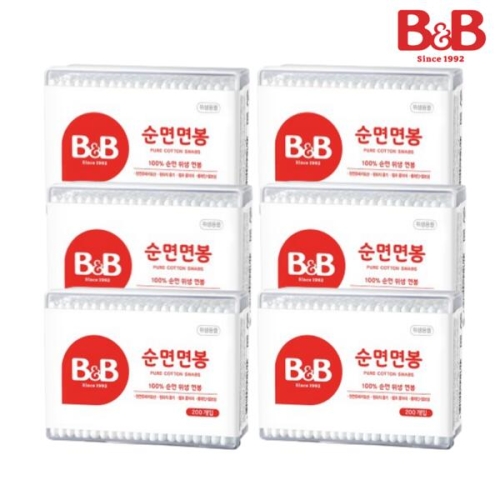B&B 비앤비 유아용 면봉 사각 200개 (6개)_이미지