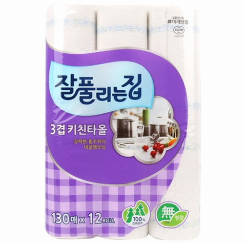 잘풀리는집 3겹 키친타월 130매 (12입) (1팩(12입))_이미지