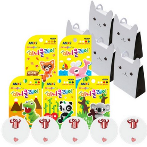 [불명] 킨더맘 어린이집 생일선물 아모스 미니클레이 5종 + 끈 상자 5p + 스티커 5p 세트_이미지