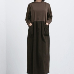 애슬릿 여성 봄 배색 포켓 데일리 롱 라운드넥 주름 볼륨 긴팔 원피스 12531990