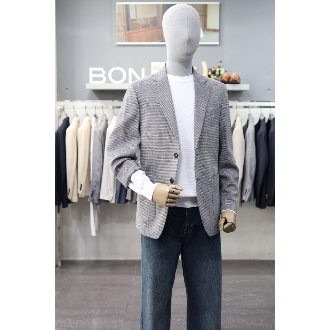 자켓 BNFMEA280BK 그레이 하운드투스 체크 린넨 언컨 경량 캐주얼재킷 S 95