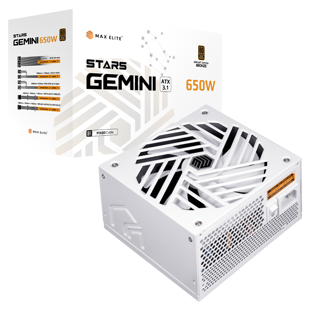 맥스엘리트 STARS GEMINI 650W 80PLUS브론즈 ATX3.1 화이트이미지입니다. 누르면 해당 게시물로 새창이동합니다.