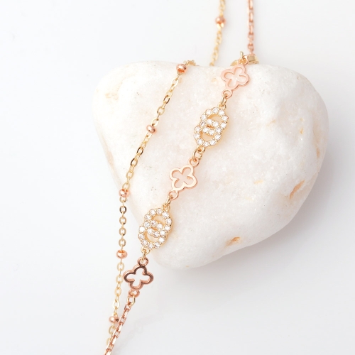 미니아트 14K GOLD 로즈골드 플라멩고 큐빅 클로버 두줄 체인 팔찌