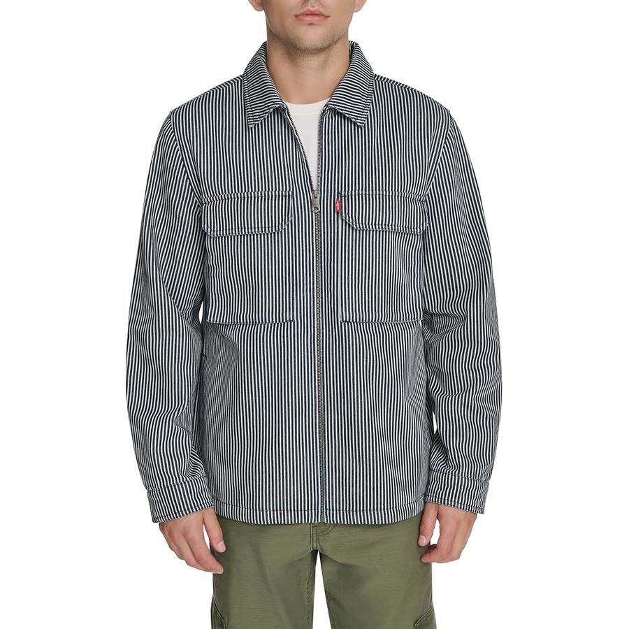 Mens 2-Chest Pocket Workwear Shacket, Navy/Cream Railroad Stripe, Sm..
