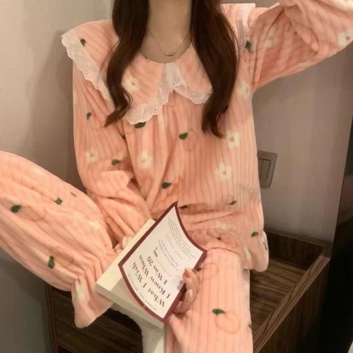 오노마 여성 기모 레이스 복숭아 수면 잠옷 상하세트_LOTOA-20_이미지