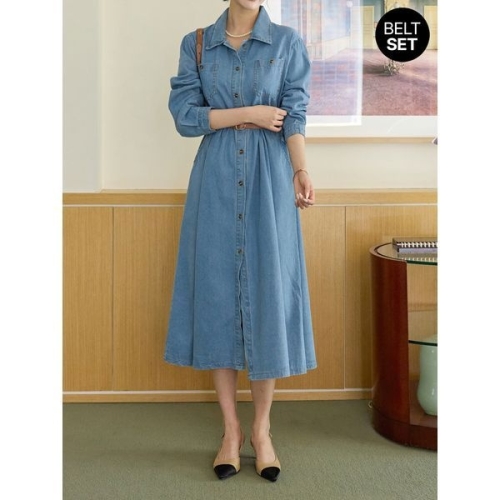 모리스커밍홈 포켓 카라 데님 롱 원피스_M2508OP084C