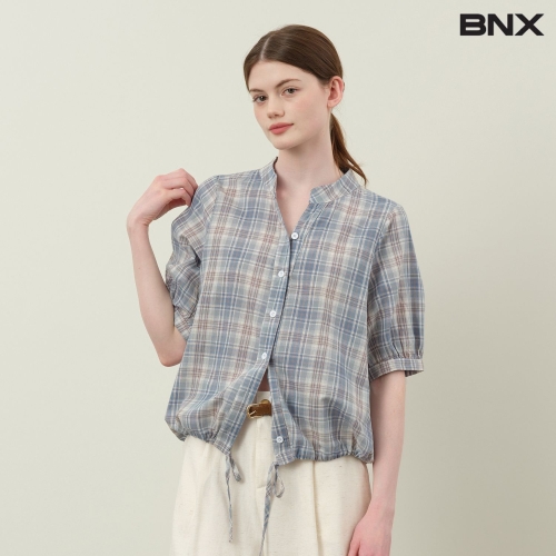 비엔엑스 체크 패턴 밑단 스트링 반팔 셔츠 BX2BL013L0