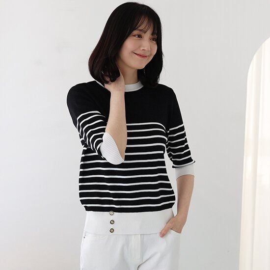 웬디즈갤러리 강연사 스트라이프 반팔 니트 NKN107_이미지