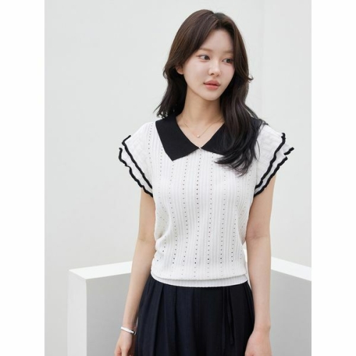 모리스커밍홈 프릴소매 배색 카라 펀칭 니트_M2506KN054B