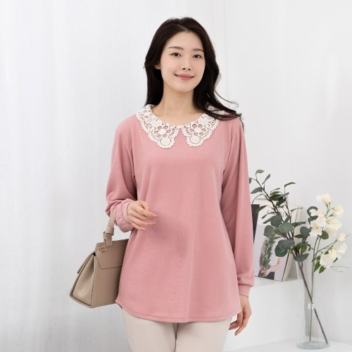 모슬린 엄마옷 레이스넥 긴팔 티셔츠 TS515019 중년여성의류/50대/60대/마담/빅사이즈/할머니옷