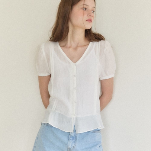 아워호프 V-Neck Pintuck Shirring Blouse White H25SM1-BL44-WHI