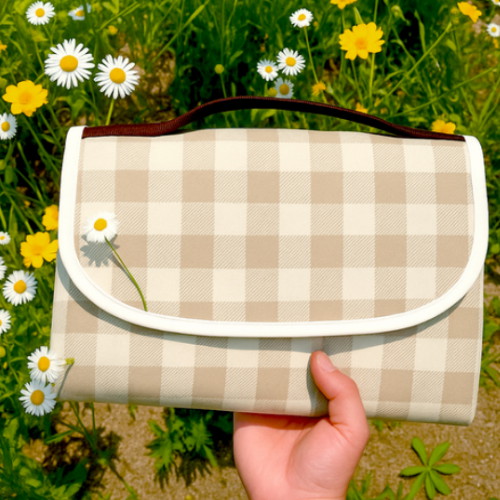 까사재클린 피크닉 대형 방수 체크 매트 돗자리 베이지 (195x200)_이미지