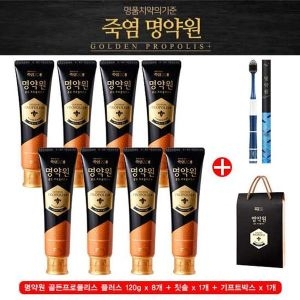 죽염 명약원 골든프로폴리스 플러스 치약 120g x 8개 + 칫솔 x 1개 + 쇼핑백 x 1장 (1세트)_이미지