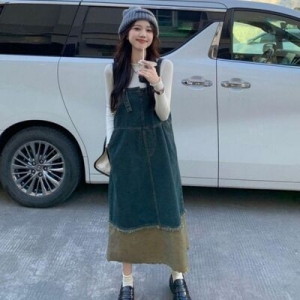 데님 멜빵 스커트 배색 오버롤 청치마 캐주얼 데일리 원피스 WFLLJ26_260305 582943_WFLLJ26_260305