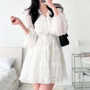CCO4895이호오 여성 프릴캉캉 링 시폰 미니원피스 볼륨 프릴장식