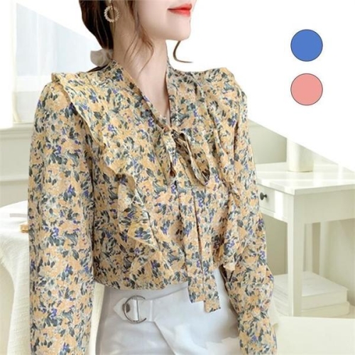 오노마 ONM 플라워 블라우스 호텔 여행 바다 호캉스 브이넥 긴팔 S9719896_이미지