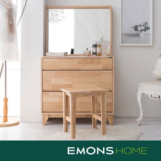 에몬스홈 레미 고무나무 원목 3단 화장대세트+의자 (80cm)