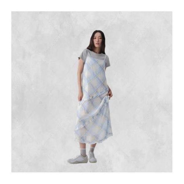 체크 프릴 롱 피스 스카이 블루 285916