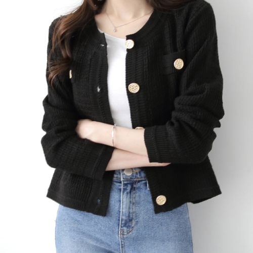 제니트 여성용 기본핏 라운드넥 베이직 골드버튼 소미 트위드 가디건 연베이지 FREE