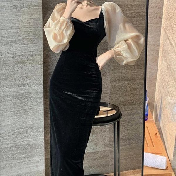 더블디 여성 럭스 벨벳 시스루 퍼프 원피스 OPC012 41470407A