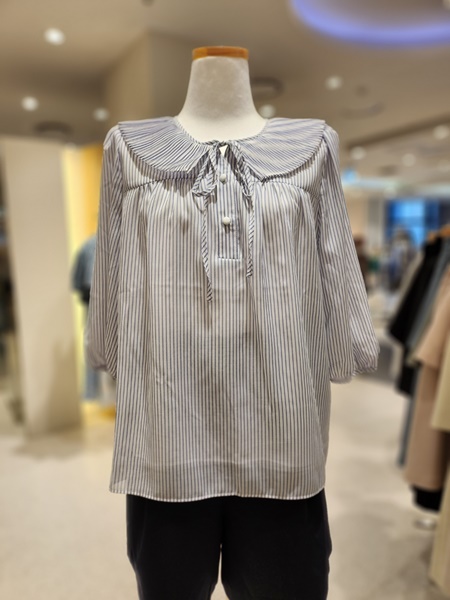 주름카라넥 스트라이프 쉬폰블라우스 SZ4LS38